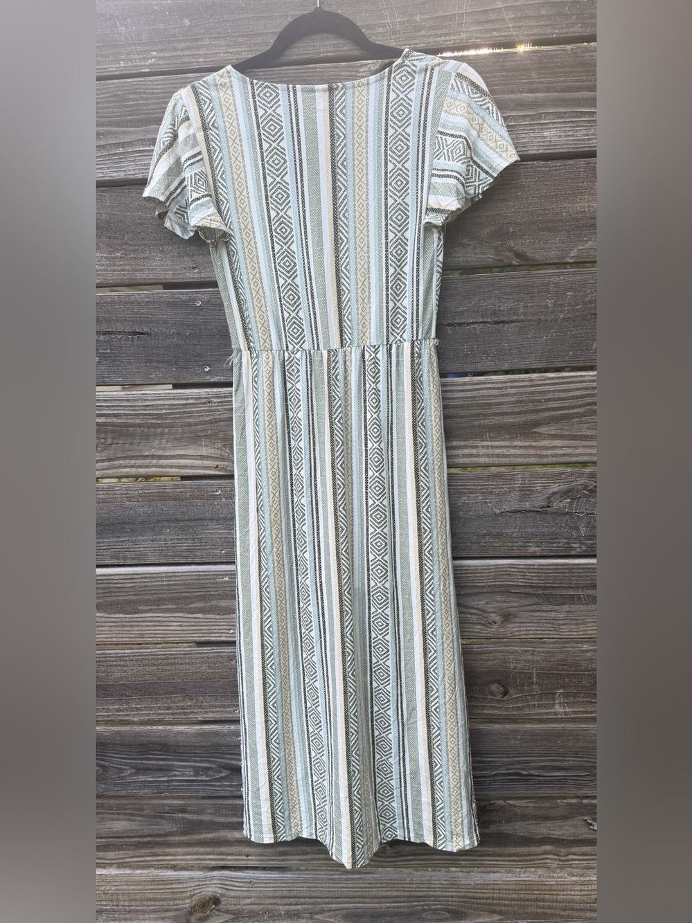 No Boundaries Sage and Cream Striped Maxi Romper Small Faux Wrap High Low Skirt - Picture 2 of 13